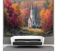 kaiyun Une église quaker paisible au milieu des feuillages de la Nouvelle-Angleterre Tapisserie Murale Tenture Dortoir Chambre Salon 70cmx100cm