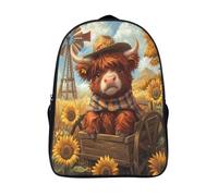 kaiyun Vache des Highlands, charrette en bois Sacs À Dos Pour Étudiant,Mignonne SunFleurs And Cactus Décontracté Pour Garçons Filles Cartable Scolaire 16 inch