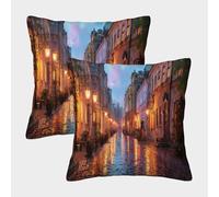 kaiyun Vieille Rue pavée après la Pluie, réverbères à gazTaies d'oreiller 50x50cm Paquet De 2, Décoratives pour Salon,Chambre À Coucher,canapé Housses De Coussin
