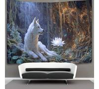 kaiyun White She-wolf in The Cave, Magic Flowers Décorations Tapisserie Tenture Murale Impression 3D Couverture Murale Affiche Pour Salon Chambre Dortoir Décor 130cmx150cm