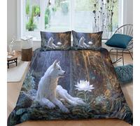 kaiyun White She-Wolf in The Cave, Magic Flowers Parure De Lit avec Taie d'oreiller 3D en Microfibre Housse De Couette Parure De Lit Motif,pour Adultes Enfants Filles Garçon Single（135x200cm）