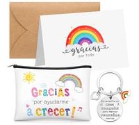 Kajaia 4 Pcs Cadeau pour Maitresse Trousse à Cosmétiques de Gracias por Ayudarme a Crecer Porte Cle de Gravure avec Carte et Enveloppe Cadeau de Remerciement pour Adieu Éducatrice Nounou Anniversaire
