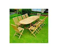 Kajang: Salon De Jardin Teck Massif 10/12 Pers - Table Ovale + 10 Chaises Marron