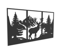 Kajaro Cerf et Montagnes Tableau Mural Bois 3 pièces, 1200x600 mm | Gratuit : deuxième tableau plus petit inclus. Déco murale bois aspect métal, pose sans perçage.