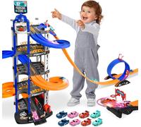 KAJGL-5 Etages Garage Pour Enfants,Parking Voiture Enfant Avec 8 Voitures,Double Rampe,Ascenseur,Son Et Lumière,Grand Parking Garage Jouet Pour Enfants 3 4 5 6 7 8 Ans