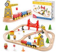 KAJGL-55 Pcs Circuit Train En Bois,Train Enfant With Grue,Train Et Piste Compatible Avec Brio Compatible Avec Thomas Et Grandes Marques Mainstream,Train Jouet Pour Enfants 3+ Ans