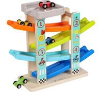 KAJGL-Circuit Rampe Voiture-Rampe Jouet En Bois Avec Parking Voiture Sur Le Toit-Jeu De Course 4 Voitures En Bois-Circuit Voiture Enfant Pour Garcon Et Filles 1 2 3 Et 4 Ans