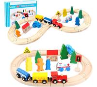 KAJGL-Circuit Train Enfant,33 Pièces Ensemble Circuit De Train En Bois Pour Tout-Petits,Rails En Bois,Thème Ville Urbain Compatible Ave Thomas Brio,Cadeaux Pour Garçons Filles 3 4 5 6 7 Ans