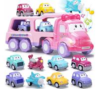 KAJGL-Jouet De Camion Pour Petites Filles Ensemble 9 En 1 Petites Voitures À Friction Avec Lumière Et Son Transporteur Cadeau Anniversaire Pour Enfant Bébé De 1 2 3 Ans,Rose