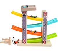 KAJGL-Voiture Rampe De Course Jouets,Circuit Rampe Voiture Avec 4 Mini Voitures Et 3 Boules De Bowling,Toboggan Voiture Bois,Glissière En Zigzag Jeu,Circuit Voiture Pour Enfants 1 2 3 Ans