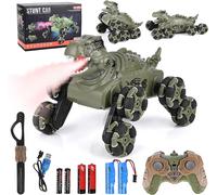 KAJGL-Voiture Télécommandée Enfant,8Wd 2,4 Ghz Monster Truck Avec Commande Manuelle,Rc Stunt Auto Avec Lumière Led,Musique Et Sprays,Dinosaur Jouet& Cadeau Pour Enfants 6 7 8 9 10 11 Ans Garçon