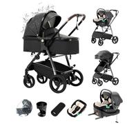 Kakbgee 3 En 1 Poussette, Landau En Cuir Avec Base ISOFIX, Pliage En Un Clin D'œil, Poussette Tout Terrain, Housse De Pluie, Porte-Gobelet, Landau Haut Pour Nouveau-Né De 0 À 4 Ans, 22 Kg