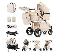 Kakbgee 3 En 1 Poussette Landau, Poignée Réglable En Hauteur, Poussette Bébé Avec Base ISOFIX, Cadre En Aluminium Haut De Gamme, Landau Pour Nouveau-Né De 0 À 4 Ans, 22 Kg