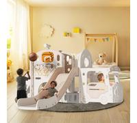 Kakbgee 8-en-1 Toboggan pour Enfants, Mini Bus, XL-2m Glissière - avec Main Courante, Marches Antidérapantes, Tunnel, Espace de Rangement, Aire de Jeux Intérieure/Extérieure, 6+ Mois, Kaki