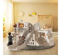 Kakbgee 8-en-1 Toboggan pour Enfants, Mini Bus, XL-2m Glissière - avec Main Courante, Marches Antidérapantes, Tunnel, Espace de Rangement, Aire de Jeux Intérieure/Extérieure, 6+ Mois, Gris