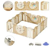 Kakbgee Baby Playpen, Portable Playard for Baby and Toddler, Adjustable Shape Foldable Play Fence with Toys and Safety Gate, Pre-Assemble Play Area for Indoor Outdoor, 14 Panel Wood