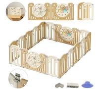 Kakbgee Baby Playpen, Portable Playard for Baby and Toddler, Adjustable Shape Foldable Play Fence with Toys and Safety Gate, Pre-Assemble Play Area for Indoor Outdoor, 16 Panel Wood