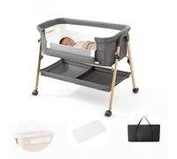 Kakbgee Cododo, Pliable Lit Bébé, Berceau De Chevet & Co-Sommeil avec Matelas Lavable, Moustiquaire, Sac - Lit De Voyage pour Nouveau-Né 0-6 Mois, Jusqu’À 9 Kg, Imitation Bois, Gris