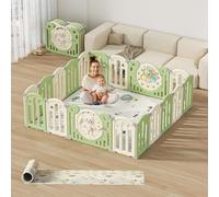 Kakbgee Parc Bebe Modulable, Parc Bébé Pliable, HDPE Parc Enfant Forme Adaptable, Clôture de jeu Portable Avec Jouets et Porte de Sécurité, Aire de jeu Intérieure et Extérieure（Vert 18Panneaux）