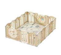 Kakbgee Parc Bebe Modulable, Parc Bébé Pliable, HDPE Parc Enfant Forme Adaptable, Clôture de jeu Portable Avec Jouets et Porte de Sécurité, Aire de jeu Intérieure et Extérieure（Jaune 16Panneaux）