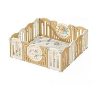 Kakbgee Parc Bebe Modulable, Parc Bébé Pliable, HDPE Parc Enfant Forme Adaptable, Clôture de jeu Portable Avec Jouets et Porte de Sécurité, Aire de jeu Intérieure et Extérieure（Jaune 14Panneaux）
