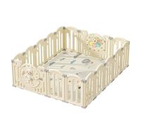 Kakbgee Parc Bebe Modulable, Parc Bébé Pliable, HDPE Parc Enfant Forme Adaptable, Clôture de jeu Portable Avec Jouets et Porte de Sécurité, Aire de jeu Intérieure et Extérieure(Blanc 16Panneaux）