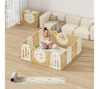 Kakbgee Parc Bebe Modulable, Parc Bébé Pliable, HDPE Parc Enfant Forme Adaptable, Clôture de jeu Portable Avec Jouets et Porte de Sécurité, Aire de jeu Intérieure et Extérieure（Jaune 14Panneaux）