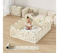 Kakbgee Parc Bebe Modulable, Parc Bébé Pliable, HDPE Parc Enfant Forme Adaptable, Clôture de jeu Portable Avec Jouets et Porte de Sécurité, Aire de jeu Intérieure et Extérieure(Blanc 16Panneaux）
