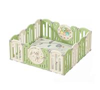 Kakbgee Parc Bebe Modulable, Parc Bébé Pliable, HDPE Parc Enfant Forme Adaptable, Clôture de jeu Portable Avec Jouets et Porte de Sécurité, Aire de jeu Intérieure et Extérieure（Vert 14Panneaux）
