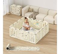 Kakbgee Parc Bebe Modulable, Parc Bébé Pliable, HDPE Parc Enfant Forme Adaptable, Clôture de jeu Portable Avec Jouets et Porte de Sécurité, Aire de jeu Intérieure et Extérieure(Blanc 14Panneaux）