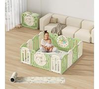 Kakbgee Parc Bebe Modulable, Parc Bébé Pliable, HDPE Parc Enfant Forme Adaptable, Clôture de jeu Portable Avec Jouets et Porte de Sécurité, Aire de jeu Intérieure et Extérieure（Vert 14Panneaux）