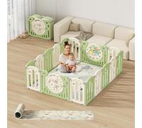 Kakbgee Parc Bebe Modulable, Parc Bébé Pliable, HDPE Parc Enfant Forme Adaptable, Clôture de jeu Portable Avec Jouets et Porte de Sécurité, Aire de jeu Intérieure et Extérieure（Vert 16Panneaux）