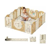 Kakbgee Parc Bébé Portable, Aire de Jeu Ajustable et Pliable avec Jouets et Porte de Sécurité, pour Intérieur/Extérieur （Jaune 14Panneaux）