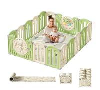 Kakbgee Parc Bébé Portable, Aire de Jeu Ajustable et Pliable avec Jouets et Porte de Sécurité, pour Intérieur/Extérieur （Vert 16Panneaux）