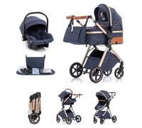 Kakbgee Poussette 3-en-1 Landau | avec Nacelle Pliable & Poignée 7x Réglable | 4 Roues Suspension PU | Grand Panier | Norme EN1888 | 0-3 Ans (15kg), Bleu