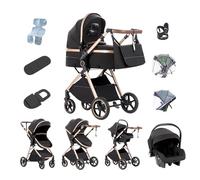 Kakbgee Poussette 3-en-1 Landau | avec Nacelle Pliable & Poignée 7x Réglable | 4 Roues Suspension PU | Grand Panier | Norme EN1888 | 0-3 Ans (15kg), Noir-Or