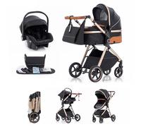 Kakbgee Poussette 3-en-1 Landau | avec Nacelle Pliable & Poignée 7x Réglable | 4 Roues Suspension PU | Grand Panier | Norme EN1888 | 0-3 Ans (15kg), Noir