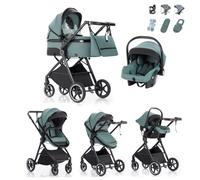 Kakbgee Poussette 3-en-1 Landau | avec Nacelle Pliable & Poignée 7x Réglable | 4 Roues Suspension PU | Grand Panier | Norme EN1888 | 0-3 Ans (15kg), Bleu-Vert