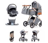 Kakbgee Poussette 3 en 1, Siège Auto, Landau Pliable, 7 Positions Poignée | Suspension 4 Roues, Housse Pluie, Moustiquaire, Système de Voyage pour Nouveau-Nés 0-3 Ans (15kg), Gris clair