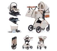 Kakbgee Poussette 3 en 1, Système de Voyage Compacte, 7 Positions Poignée | Pliable Landau avec Siège Auto & Base, Suspension 4 Roues, Housse Pluie, Poussette pour Nouveau-Nés 0-3 Ans, 15kg, Beige