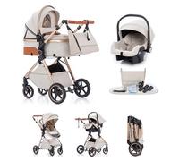 Kakbgee Poussette 3 en 1, Système de Voyage Compacte, 7 Positions Poignée | Pliable Landau avec Siège Auto, Suspension 4 Roues, Housse Pluie, Poussette pour Nouveau-Nés 0-3 Ans, 15kg, Beige