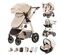 Kakbgee Poussette Combinée 3 en 1, Poussette Citadine avec Siège Auto ECE R129, Poignée Réglable en Hauteur, Nacelle Souple Convertible, Cadre en Aluminium pour Nouveau-né 0-4 ans, Beige