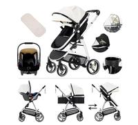 Kakbgee Poussettes Combinée Multifonctionnelle, PU Leather Poussette 3 en 1 Avec Siège Auto, Poussette Canne Portable Pliant en Un Clic, Poussettes Citadines Paysage Haut Cadre en Aluminium