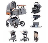 Kakbgee Trio Poussette 3 en 1 avec Siège Auto, avec base ISOFIX, Landau Bébé Pliable, 7 Positions Poignée, Housse Pluie, Moustiquaire, Système de Voyage pour Nouveau-Nés 0-3 Ans (15kg),Gris clair