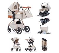 Kakbgee Trio Poussette 3 en 1 avec Siège Auto, avec base ISOFIX, Landau Bébé Pliable, 7 Positions Poignée, Housse Pluie, Moustiquaire, Système de Voyage pour Nouveau-Nés 0-3 Ans (15kg),Beige