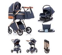 Kakbgee Trio Poussette 3 en 1 avec Siège Auto, avec base ISOFIX, Landau Bébé Pliable, 7 Positions Poignée, Housse Pluie, Moustiquaire, Système de Voyage pour Nouveau-Nés 0-3 Ans (15kg),Bleu