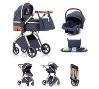 Kakbgee Trio Poussette 3 en 1 avec Siège Auto, Landau Bébé Pliable, 7 Positions Poignée, Suspension 4 Roues, Housse Pluie, Moustiquaire, Système de Voyage pour Nouveau-Nés 0-3 Ans (15kg), Bleu