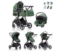 Kakbgee Trio Poussette 3 en 1 avec Siège Auto, Landau Bébé Pliable, 7 Positions Poignée, Suspension 4 Roues, Housse Pluie, Moustiquaire, Système de Voyage pour Nouveau-Nés 0-3 Ans (15kg),Vert