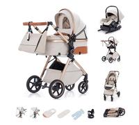 Kakbgee Trio Poussette 3 en 1 avec Siège Auto, Landau Bébé Pliable, 7 Positions Poignée, Suspension 4 Roues, Housse Pluie, Moustiquaire, Système de Voyage pour Nouveau-Nés 0-3 Ans (15kg), Beige
