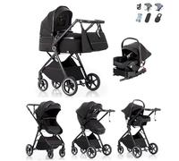 Kakbgee Trio Poussette 3 en 1 avec Siège Auto, Landau Bébé Pliable, 7 Positions Poignée, Suspension 4 Roues, Housse Pluie, Moustiquaire, Système de Voyage pour Nouveau-Nés 0-3 Ans (15kg),Noir